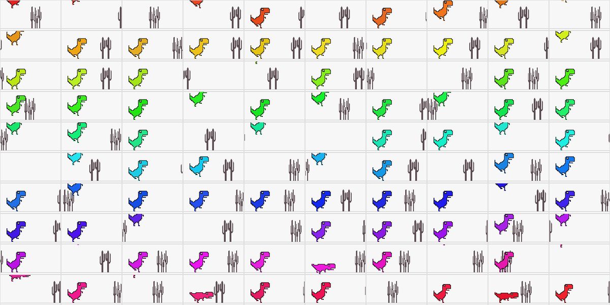 Grade com dezenas de dinossauros coloridos treinando ao mesmo tempo no modo NEAT