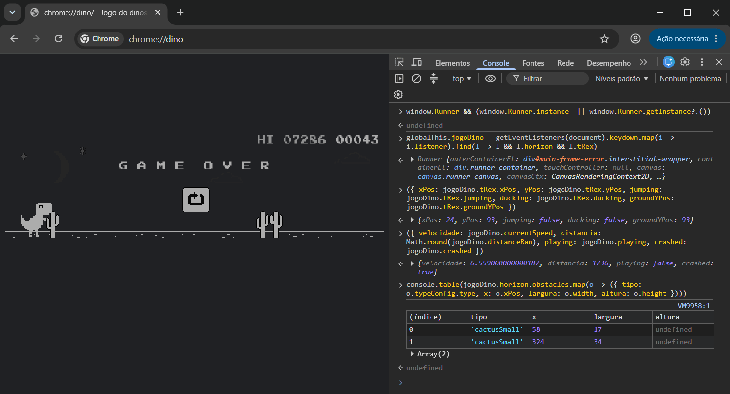 DevTools aberto ao lado do chrome://dino mostrando os comandos: window.Runner retorna undefined, getEventListeners encontra o Runner, e as leituras de tRex, velocidade e obstáculos
